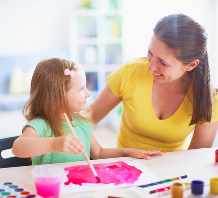 Mother and daughter painting together